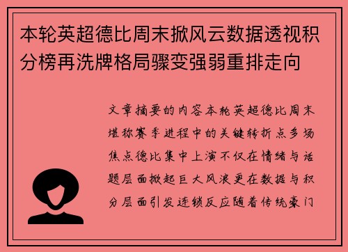 本轮英超德比周末掀风云数据透视积分榜再洗牌格局骤变强弱重排走向